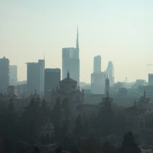 A foggy view of the Milan cityscape with modern skyscrapers and historic architecture.